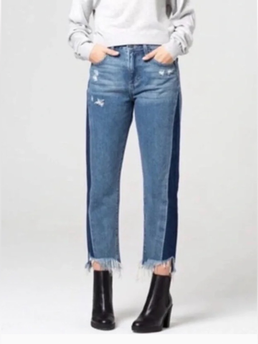 Hidden Two-Tone Tracey Straight Leg Distressed Raw Angled Hem Denim Jeans Sz 27